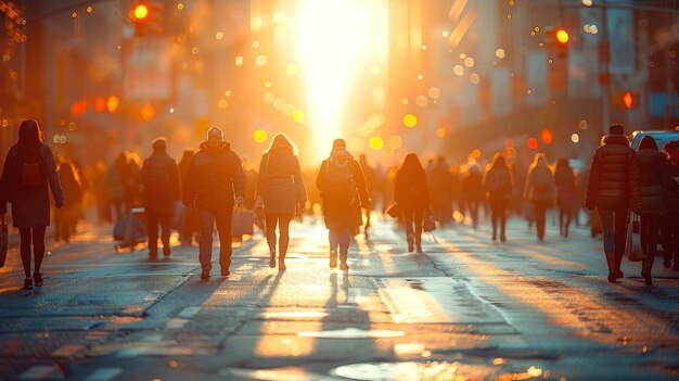 Grupo de pessoas caminhando pela rua ao pôr-do-sol