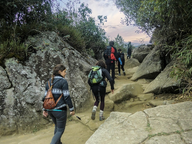 Grupo de pessoas caminhando por um caminho de terra, pedras e selva.