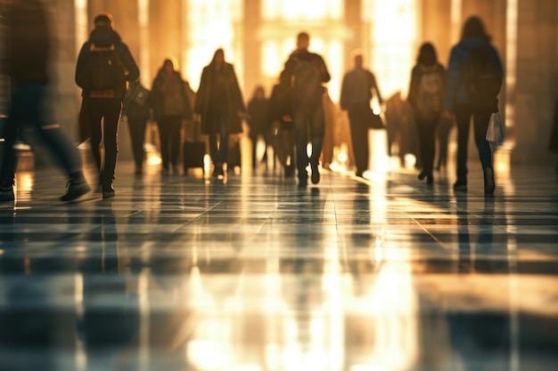 Grupo de pessoas caminhando por um corredor bem iluminado