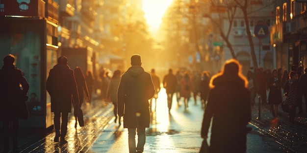 Grupo de pessoas caminhando por uma rua ao pôr-do-sol