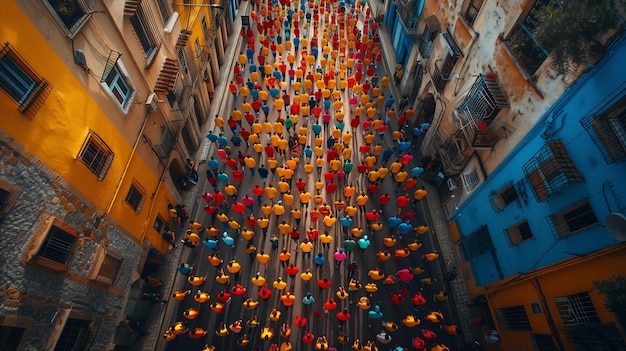 Grupo de pessoas caminhando por uma rua movimentada entre edifícios altos