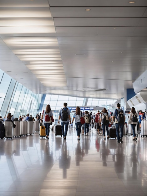 Foto grupo de pessoas carregando suas malas enquanto viajam pelo terminal do aeroporto