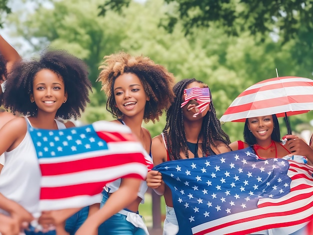 Grupo de pessoas celebrando o Quarto de Julho com a bandeira americana ao fundo