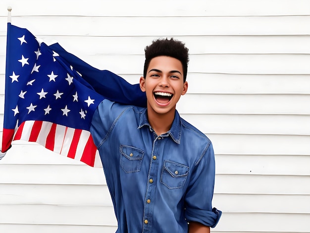 Grupo de pessoas celebrando o Quarto de Julho com a bandeira americana ao fundo