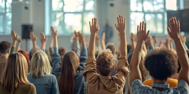 Foto grupo de pessoas com as mãos levantadas em adoração em reunião cristã conceito reunião cristã adoração em grupo oração mãos levantadas comunidade espiritual