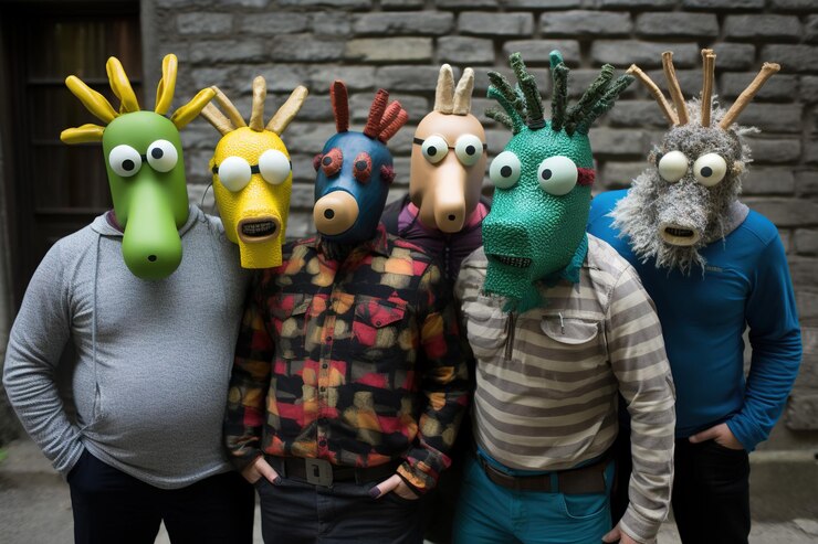Foto grupo de pessoas com máscaras em uma fileira em pé em um gerador de ia de campo