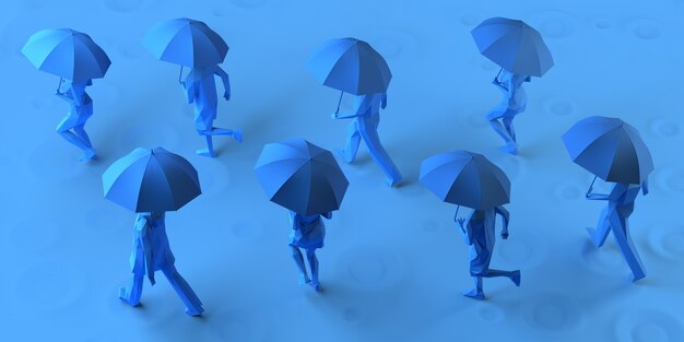 Grupo de pessoas correndo na chuva com um guarda-chuva. Ilustração 3D.