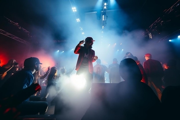 Grupo de pessoas dançando em uma discoteca ao ritmo da música do DJ no palco