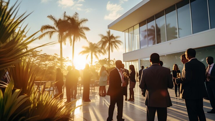 Foto grupo de pessoas de negócios em um evento de networking ao ar livre pessoas com bebidas nas mãos falando umas com as outras sobre negócios em um acontecimento de networking