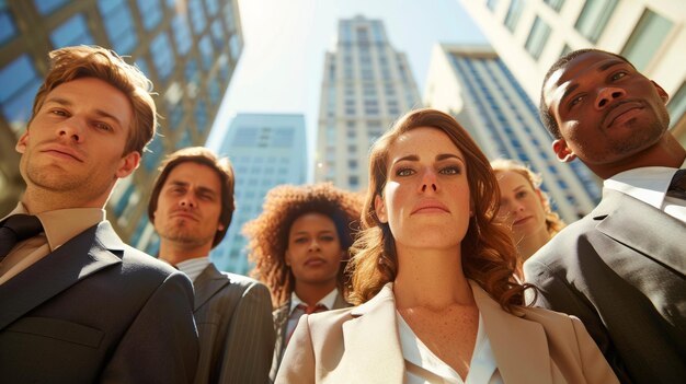 Grupo de pessoas de pé em frente a edifícios altos IA gerativa