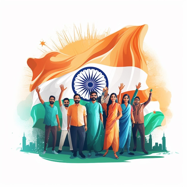 Grupo de pessoas de todas as religiões com a bandeira nacional da Índia e monumento Dia da República da Independência