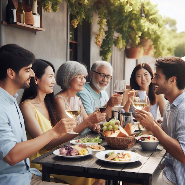 Grupo de pessoas de várias raças desfrutando de uma refeição sob uma pérgola coberta de vinho em um pátio quente e ensolarado