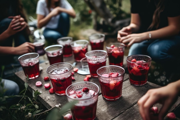 Grupo de pessoas desfrutando de chá de hibisco no piquenique Generative AI