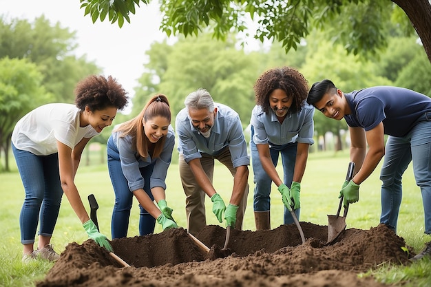 Grupo de pessoas diversas cavando buracos e plantando árvores juntos