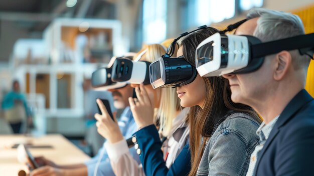 Foto grupo de pessoas diversas usando fones de ouvido de realidade virtual e explorando o mundo digital