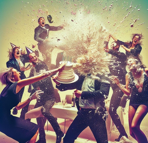 Grupo de pessoas elegantes comemoram aniversário no clube jogam bolo espirro de vinho festa selvagem dança gritar rir