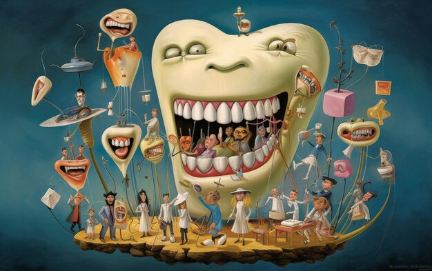 Foto grupo de pessoas em pé em torno de um dente gigante