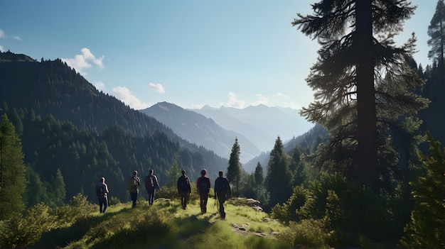 Grupo de pessoas esportivas, caminhadas nas montanhas