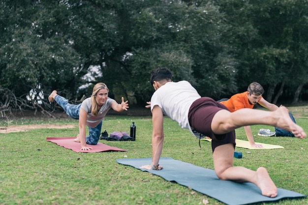 Grupo de pessoas fazendo exercícios de equilíbrio de ioga usando uma esteira em um parque
