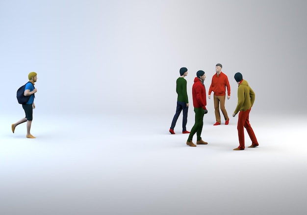 Grupo de pessoas fazendo ilustração social distancing.3d