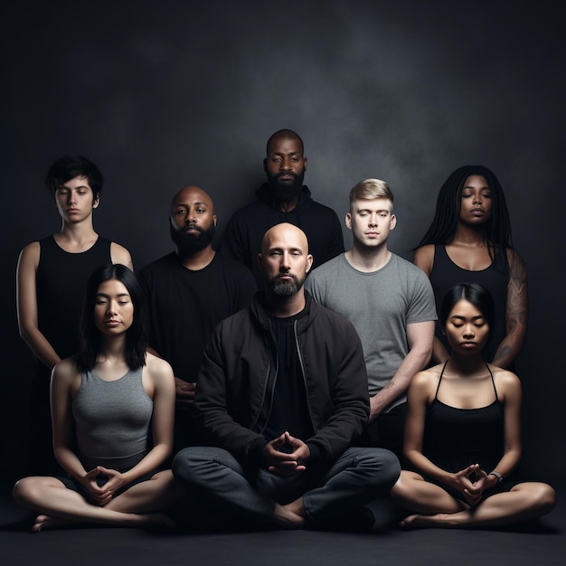 grupo de pessoas fazendo ioga e meditação na frente da aula de estúdio de ioga de parede de cor preta