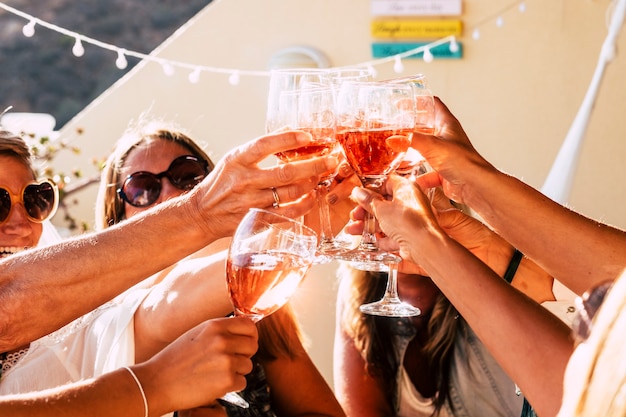 Grupo de pessoas felizes brindando com taças de vinho tinto sob a luz do sol em um dia ensolarado
