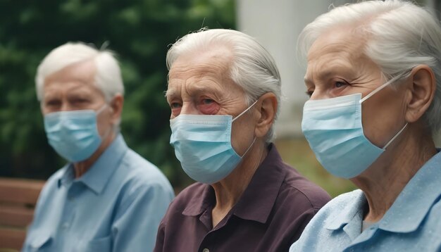 grupo de pessoas idosas usando máscaras cirúrgicas olha para a câmera