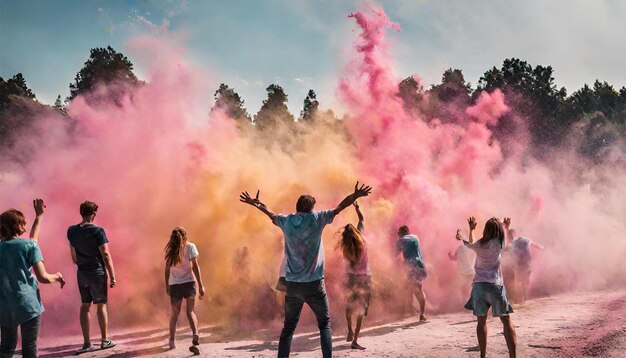 Grupo de pessoas jogando Holi Festival de cores