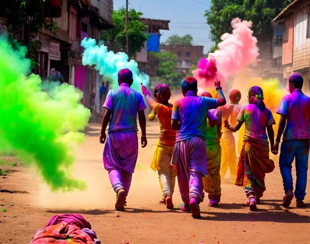 Foto grupo de pessoas jogando holi festival de cores