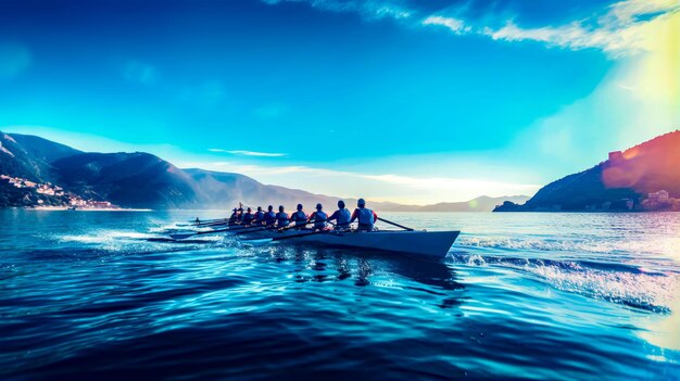 Grupo de pessoas montadas na parte de trás de um barco em um corpo de água IA geradora