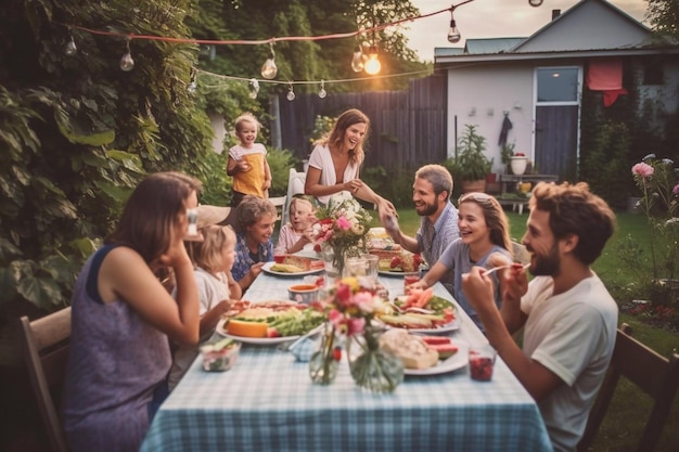 Grupo de pessoas multiétnicas diversas se divertindo compartilhando histórias umas com as outras e comendo em jantares ao ar livre Família e amigos reunidos fora de casa em um verão quente Generative AI