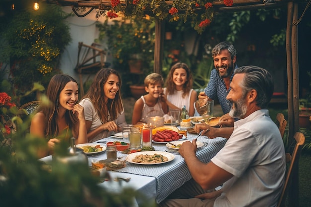 Grupo de pessoas multiétnicas diversas se divertindo compartilhando histórias umas com as outras e comendo em jantares ao ar livre Família e amigos reunidos fora de casa em um verão quente Generative AI