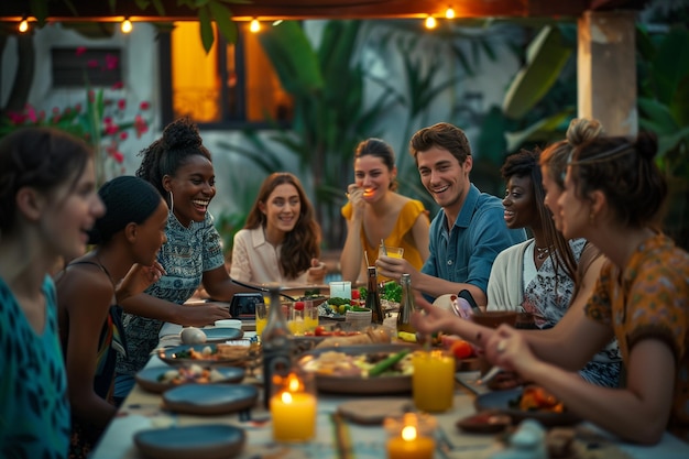 Grupo de pessoas multiétnicas divertidas compartilhando histórias umas com as outras e comendo no