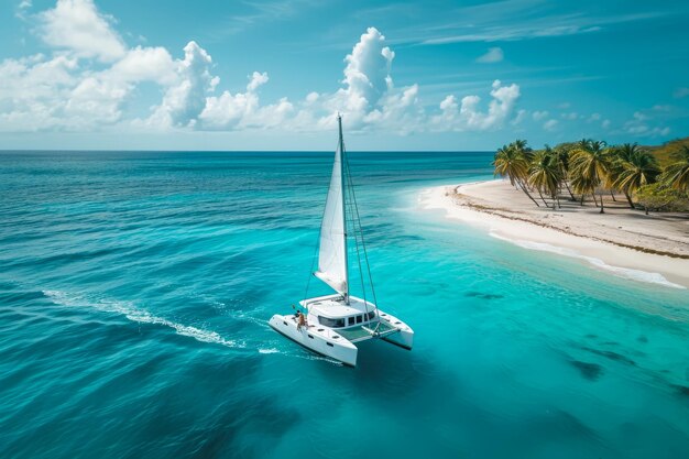 Foto grupo de pessoas navegando em um catamarã no caribe a água é um belo tom de azul e há palmeiras na costa