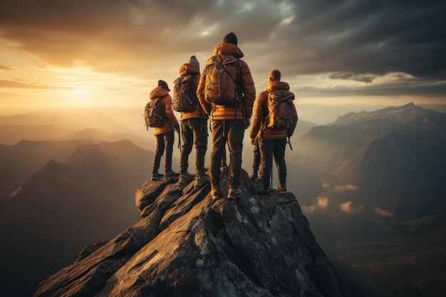 Grupo de pessoas no pico da escalada de montanha, ajudando o trabalho em equipe, viagens, negócios de sucesso de trekking