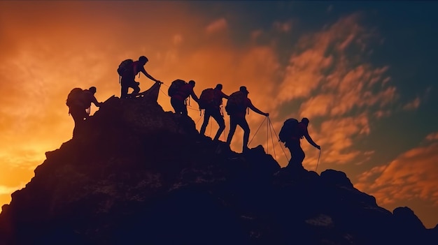 Grupo de pessoas no pico de alpinismo ajudando o trabalho em equipe