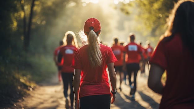 Foto grupo de pessoas participando de uma maratona natural ao ar livre correndo na floresta em um dia quente de verão corrida cross-country