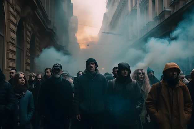 Grupo de pessoas protestando e segurando cartazes abstratos dando slogans em um comício Grupo de manifestantes protestando na cidade Generative Ai Gas Smoke in the Crowd