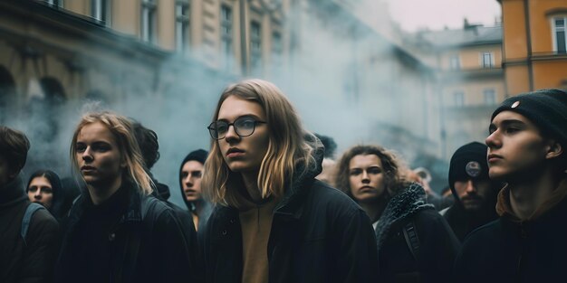 Grupo de pessoas protestando e segurando cartazes abstratos dando slogans em um comício Grupo de manifestantes protestando na cidade Generative Ai Gas Smoke in the Crowd