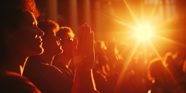 Grupo de pessoas religiosas orando juntas em ambientes fechados Espaço para texto