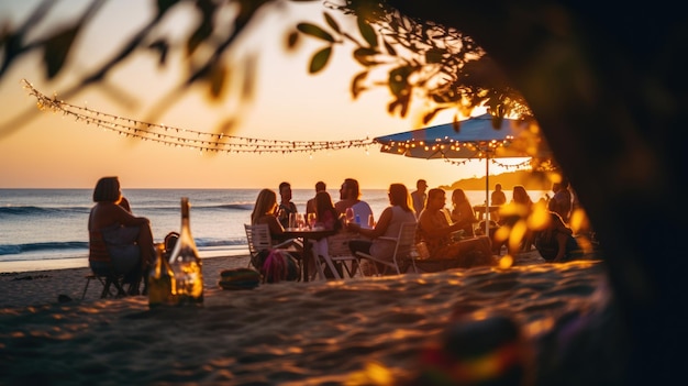 Grupo de pessoas se divertindo em uma festa na praia