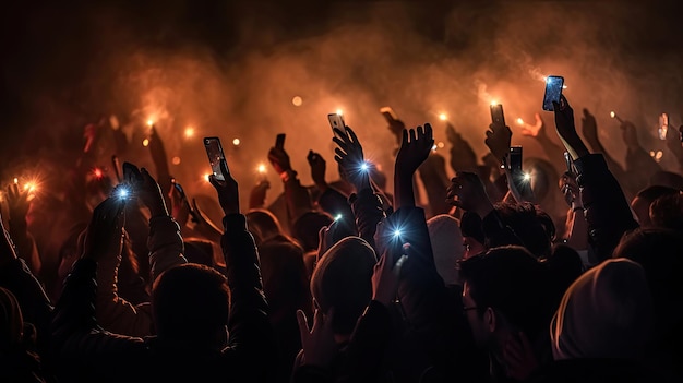 Grupo de pessoas segurando isqueiros e telefones celulares em um concerto multidão de silhuetas de pessoas com as mãos para cima Holofotes de fumaça de fundo escuro Multidão no concerto Generative Ai