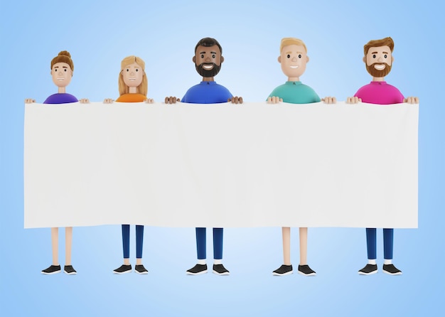 Grupo de pessoas segurando um banner em branco. Ilustração 3D em estilo cartoon.