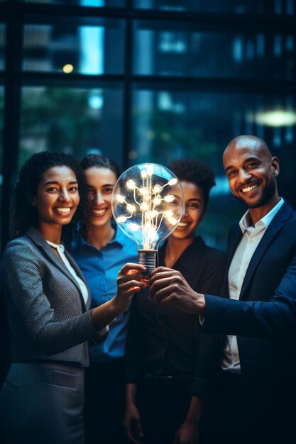 Foto grupo de pessoas segurando uma lâmpada com a palavra im segurando-a