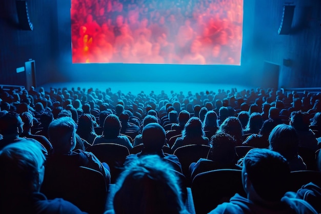 Grupo de pessoas sentadas a ver um filme no cinema