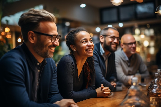 Grupo de pessoas sentadas em um bar, sorrindo e sorrindo.