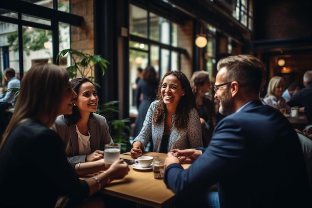 Foto grupo de pessoas sentadas em uma mesa com um homem de terno e as palavras 