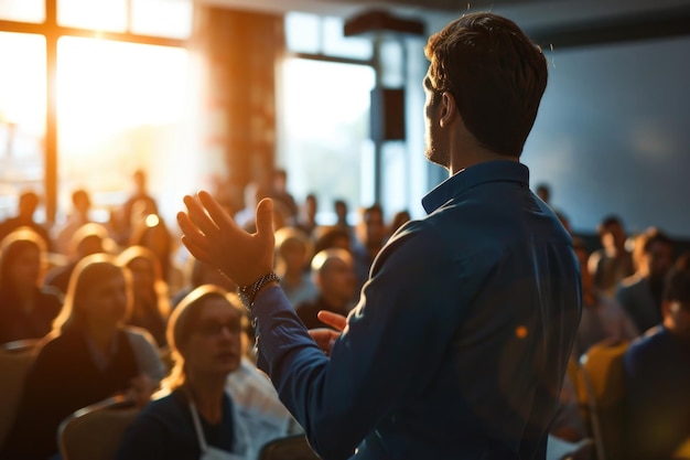 Grupo de pessoas tendo seminário de negócios