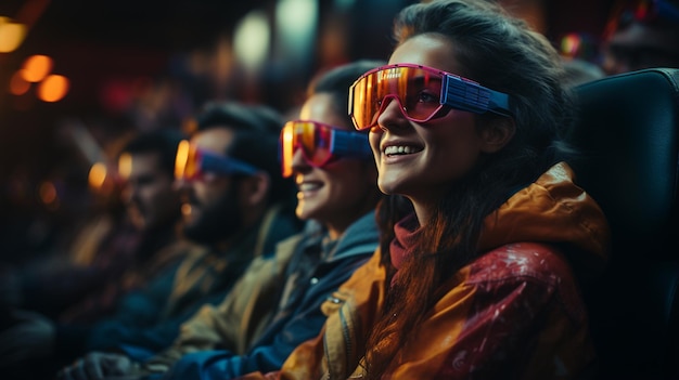 Grupo de pessoas usando óculos 3D vendo um filme no cinema