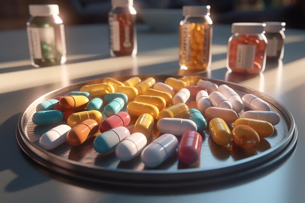 Foto grupo de pílulas médicas senta-se na mesa